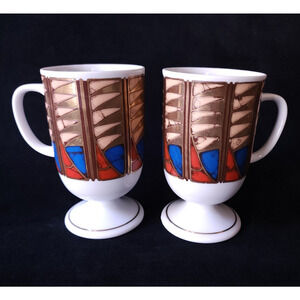 Pair of Vintage Holt Howard Footed Pedestal Mugs Cups Stripes Blue Red Gold Trim